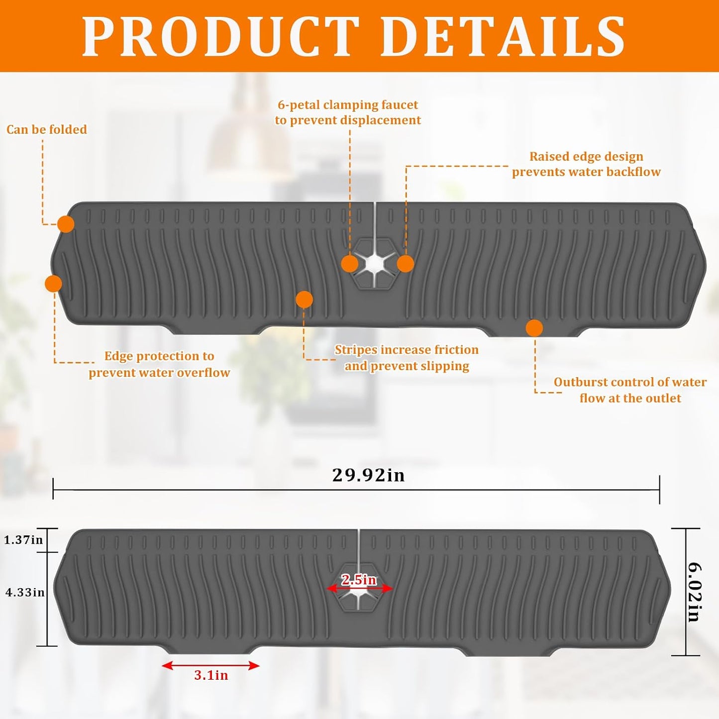 30 Inch Sink Splash Guard,Longer Silicone Sink Mat for Kitchen Bathroom,Kitchen Faucet,Silicone Sink Faucet Mat Splash Guard, Drip Protector Splash Countertop (Grey)