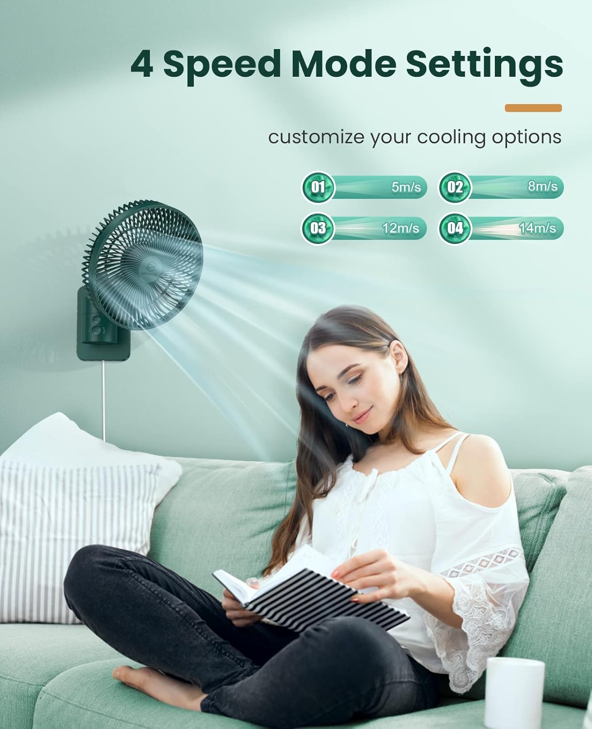 LEMOISTAR 8 Inch Small Wall Mounted RV Fan with Remote Control, 90° Oscillating, 4 Speeds, 4 Timer, Adjustable Tilt, 70 Inch Cord, Quiet, for Corner Bedroom Home Office Garage-Black