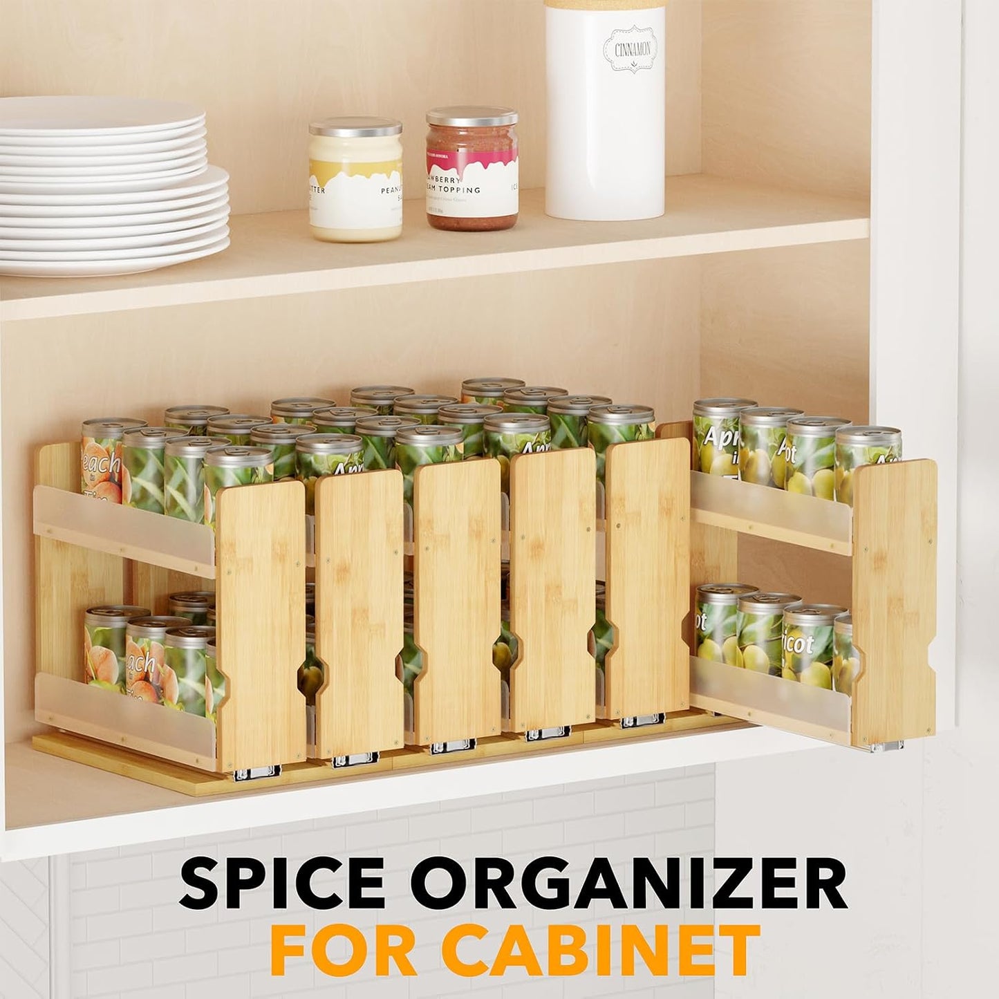 SpaceAid Bamboo Pull Out Spice Rack Organizer for Cabinet, Heavy Duty Slide Out Seasoning Kitchen Pantry Sliding Vertical Organization, 7.6" Wide, 3 Drawers(2" Wide), 2-Tier, Natural