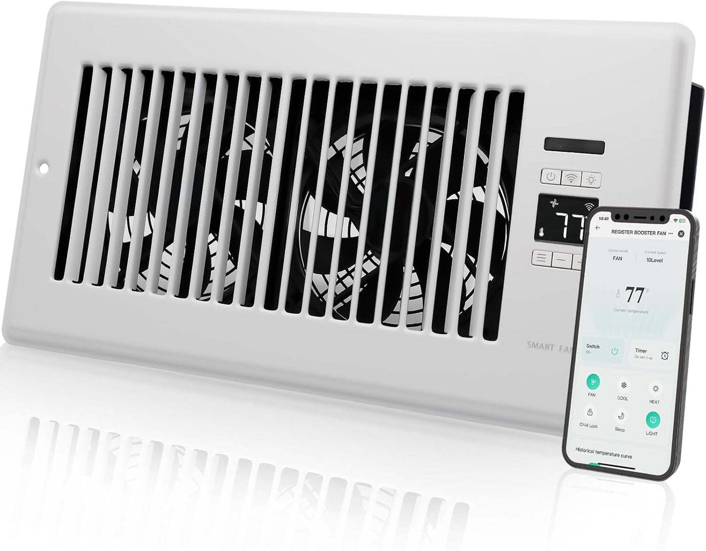 Howeall Super Quiet Register Booster Fan for 4" x 10" Register Holes, Smart Register Vent with Dual Intelligent Thermostat and WIFI App Control, Heating Cooling AC Vent Fan (White)