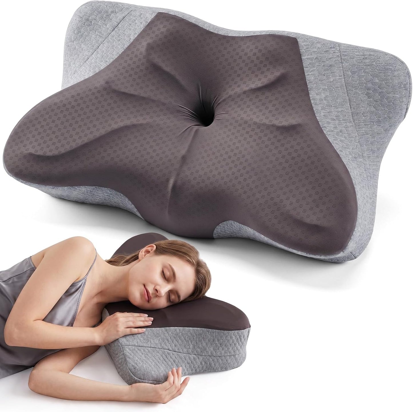 Sweetcrispy Cervical Pillow for Neck and Shoulder - Ergonomic Memory Foam Pillows, Contour Side Sleeper for Adults, Cooling Orthopedic Neck Support for Back Stomach Sleepers, White