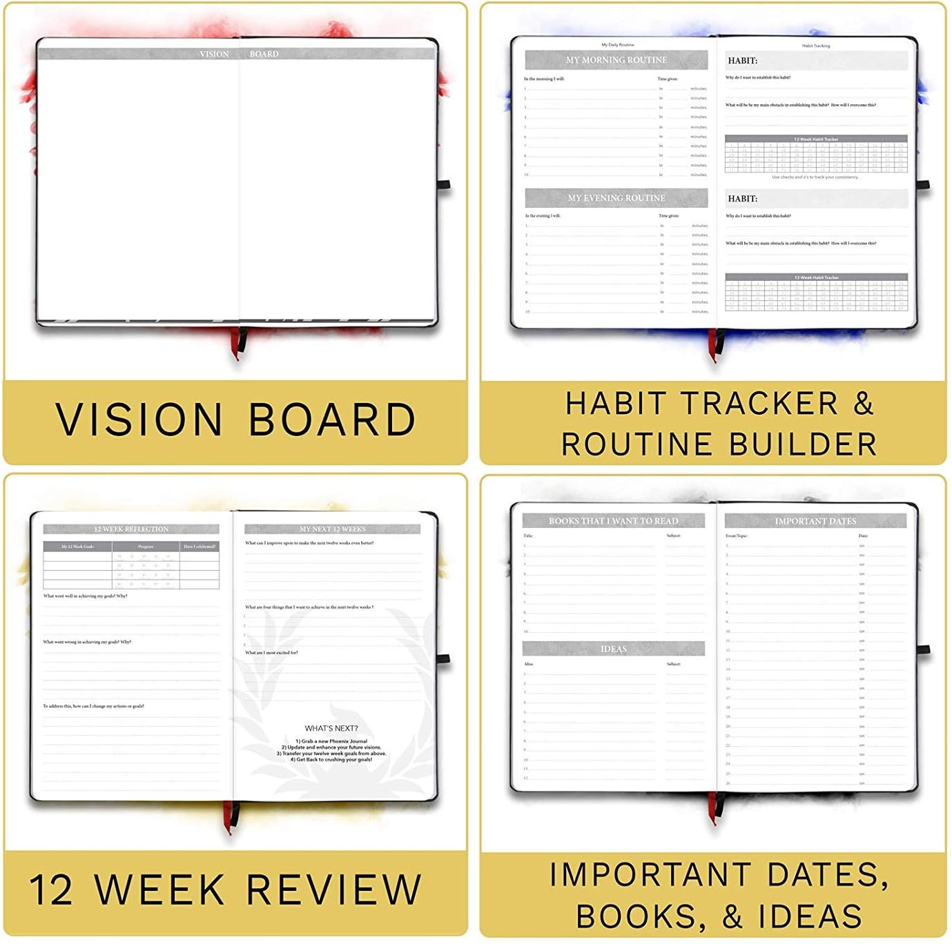 The Phoenix Journal - Quarterly Goal Planner, Daily Planner Journal & Organizer for Goal Setting, Productivity & Focus - Undated 12 Week Planner, Weekly & Monthly Planning, Habit Tracking - Hardcover - Black
