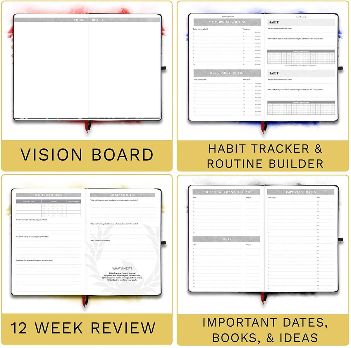 The Phoenix Journal - Quarterly Goal Planner, Daily Planner Journal & Organizer for Goal Setting, Productivity & Focus - Undated 12 Week Planner, Weekly & Monthly Planning, Habit Tracking - Hardcover - Black