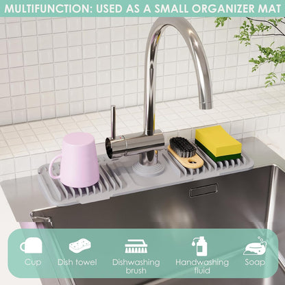 24-Inch Silicone Faucet Mat for Kitchen Sink Splash Guard, 7° Slope | 24"x5.5" water draining mat with fasten button; 1.6-2.75" customizable hole for bathroom, RV & kitchen sink drip catcher.