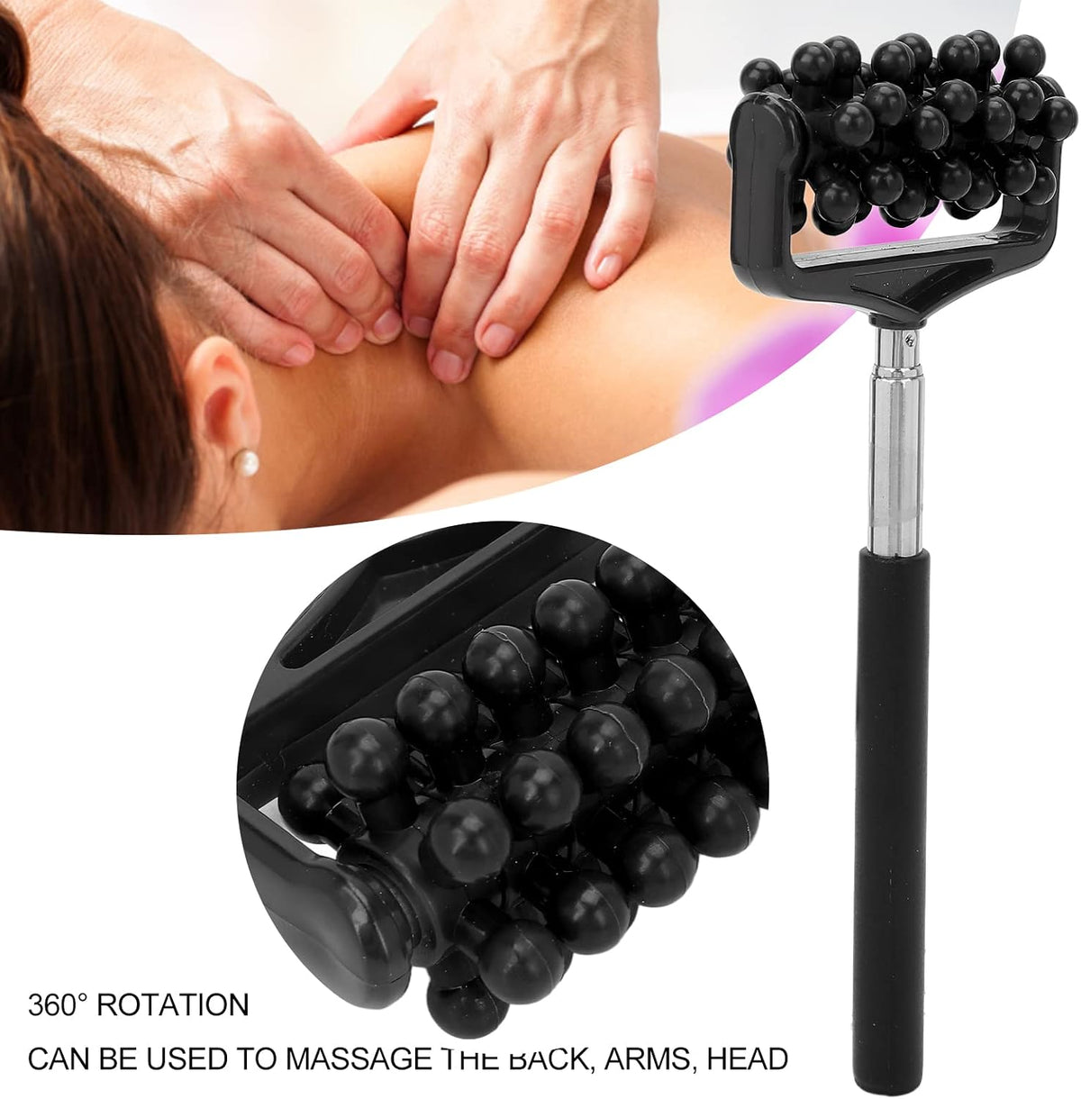 Telescopic Massage Roller Massager for Back and Body, Deep Tissue Scratching Tool with Adjustable Length, Portable Roller for Muscle Relaxation and (Black)