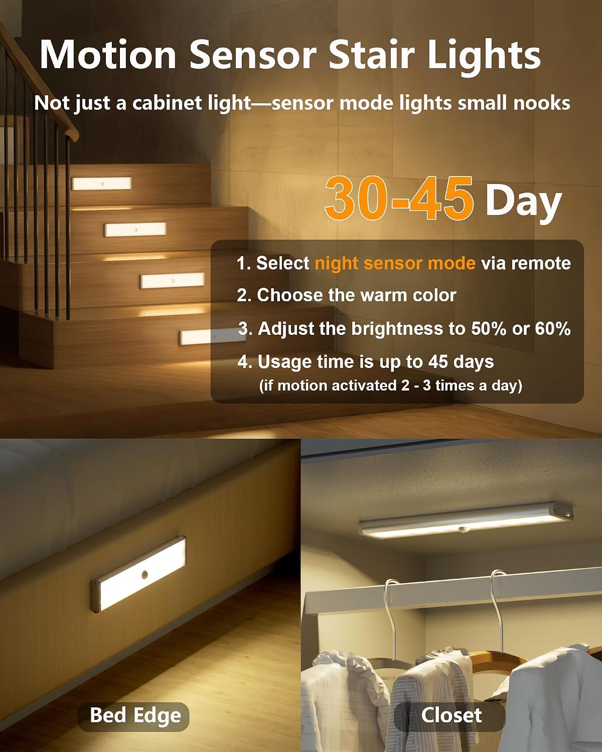 SZOKLED Motion Sensor Night Lights, 58-LED RGB Under Cabinet Lighting Wireless, 1100mAh Rechargeable Under Cabinet Lights Dimmable Closet Lights for Step, Stair, Kitchen,Hallway (2 Pack)