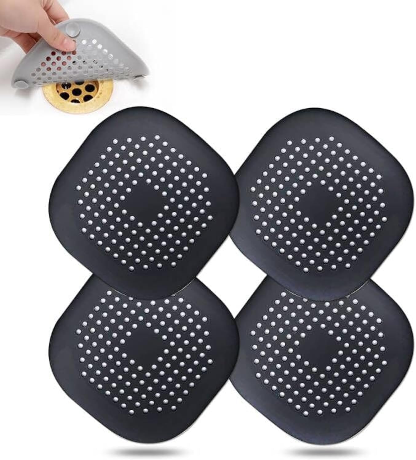Bovinde Hair Drain Catcher,Square Cover for Shower 2 Pack (Black) | Drainer Cover Silicone Hair Stopper with Suction Cups,Protector Accessories,Easy to Install Suit for Bathroom,Bathtub,Sink