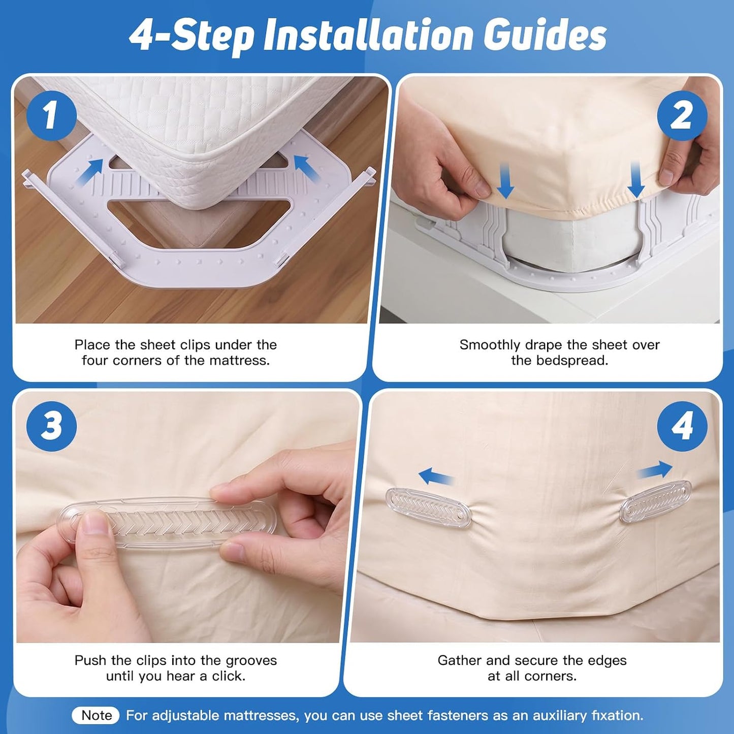 FACIACC 4Pcs Bed Sheet Holder for Corners, Upgrade Fitted Sheet Holder | with Lock Strips, 2Pcs Non-Slip Sheet Clips, Keep Sheets Firm & Tight Fitted All Mattress Sizes Easy Installation