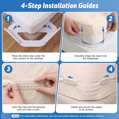 FACIACC 4Pcs Bed Sheet Holder for Corners, Upgrade Fitted Sheet Holder | with Lock Strips, 2Pcs Non-Slip Sheet Clips, Keep Sheets Firm & Tight Fitted All Mattress Sizes Easy Installation