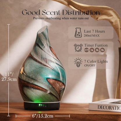 Porseme Essential Oil Diffuser 280ml Handmade Glass Diffuser 7H Runtime | Elegant Handmade Glass Aroma Diffuser with 7-color LEDs, Quiet Aromatherapy and Safe Auto Shut-off, Perfect for Gifts
