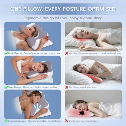 Cervical Neck Pillow, Memory Foam Pillows for Neck and Shoulder Pain Relief, 2 Heights Ergonomic Pillow with Breathable Ice Silk Cover, Neck Support Pillow for Side Sleepers White