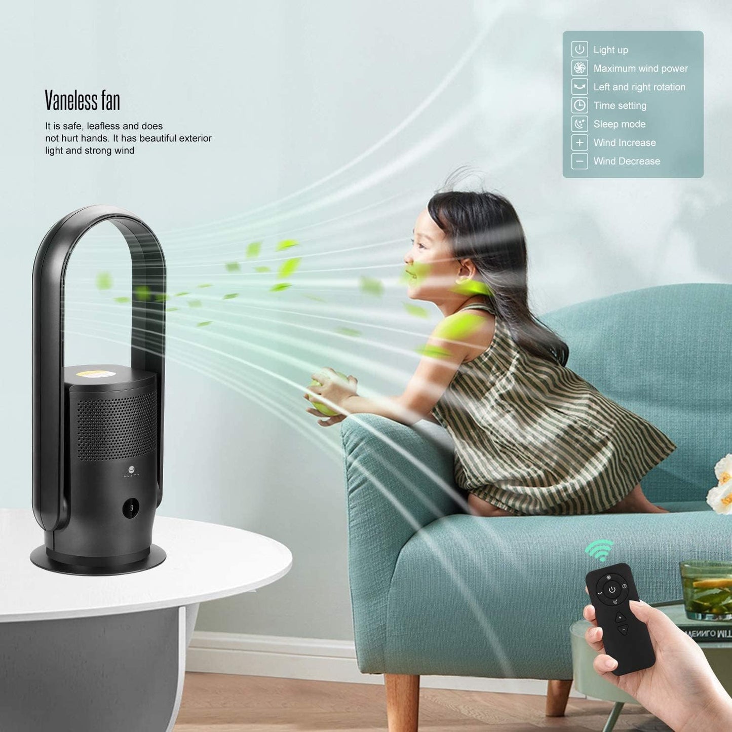 ULTTY Bladeless Tower Fan and Air Purifier Combo, Quiet Oscillating Fan with Remote & Touch Control, 9 Speeds, 8H Timer, HEPA Air Filter, Safe Floor Fan for Bedroom Home Office Black, 23.5"inch