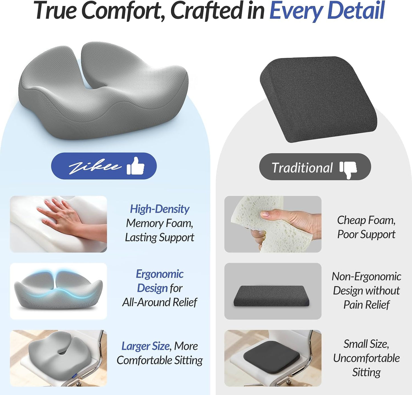 ZIKEE Contoured Ergonomic Seat Cushion for Effective Pain Relief, Non-Slip | Office Chair Cushion for Sciatica, Back, Tailbone Pain Relief, High-Density Memory Foam Car Seat Cushion for Sitting Comfort