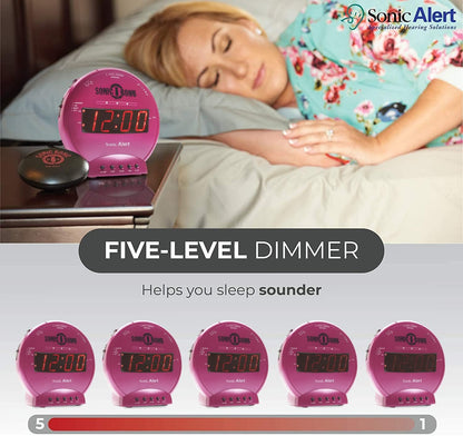 Sonic Alert Sonic Bomb Dual Alarm Clock with Bed Shaker, Black Vibrating Alarm Clock Heavy Sleepers, Battery Backup | Wake with a Shake