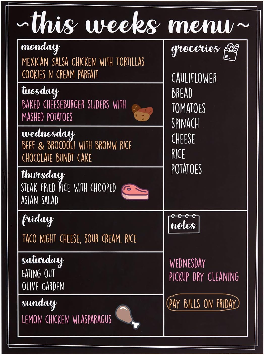 Magnetic Menu Board for The Fridge- Weekly Family Meal Planner with Bright Neon Liquid Markers- Perfect Weekly Planner, Magnetic Dry Erase Board for Meal Planning Grocery List Notes Do List- 12"x 16"