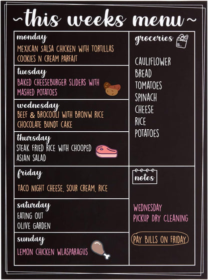 Magnetic Menu Board for The Fridge- Weekly Family Meal Planner with Bright Neon Liquid Markers- Perfect Weekly Planner, Magnetic Dry Erase Board for Meal Planning Grocery List Notes Do List- 12"x 16"