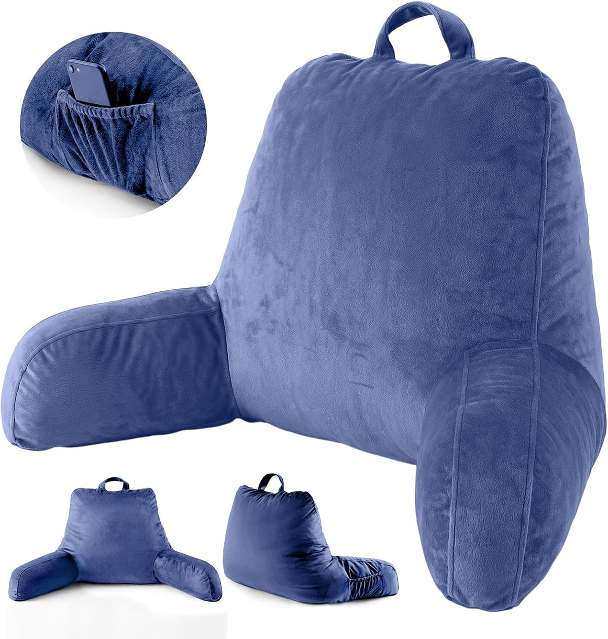 ACH Reading Pillow with Arms for Adults - Adjustable Memory Foam Bed Rest Pillow, Lumbar & Neck Back Support, Soft Velvet Cover Machine Washable, Deep Side Pocket & Carry Handle, Grey