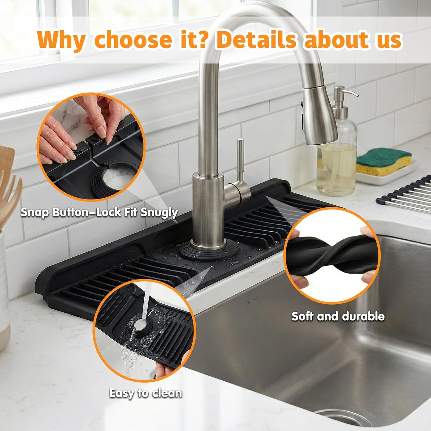 Silicone Faucet Mat for Kitchen Sink, 24" Splash Guard 7° Slope Fast Drain | Adjustable hole cutout for easy install, fits kitchen & bathroom sinks; food-grade silicone, easy to clean, keeps counter dry