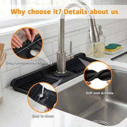 Silicone Faucet Mat for Kitchen Sink, 24" Splash Guard 7° Slope Fast Drain | Adjustable hole cutout for easy install, fits kitchen & bathroom sinks; food-grade silicone, easy to clean, keeps counter dry