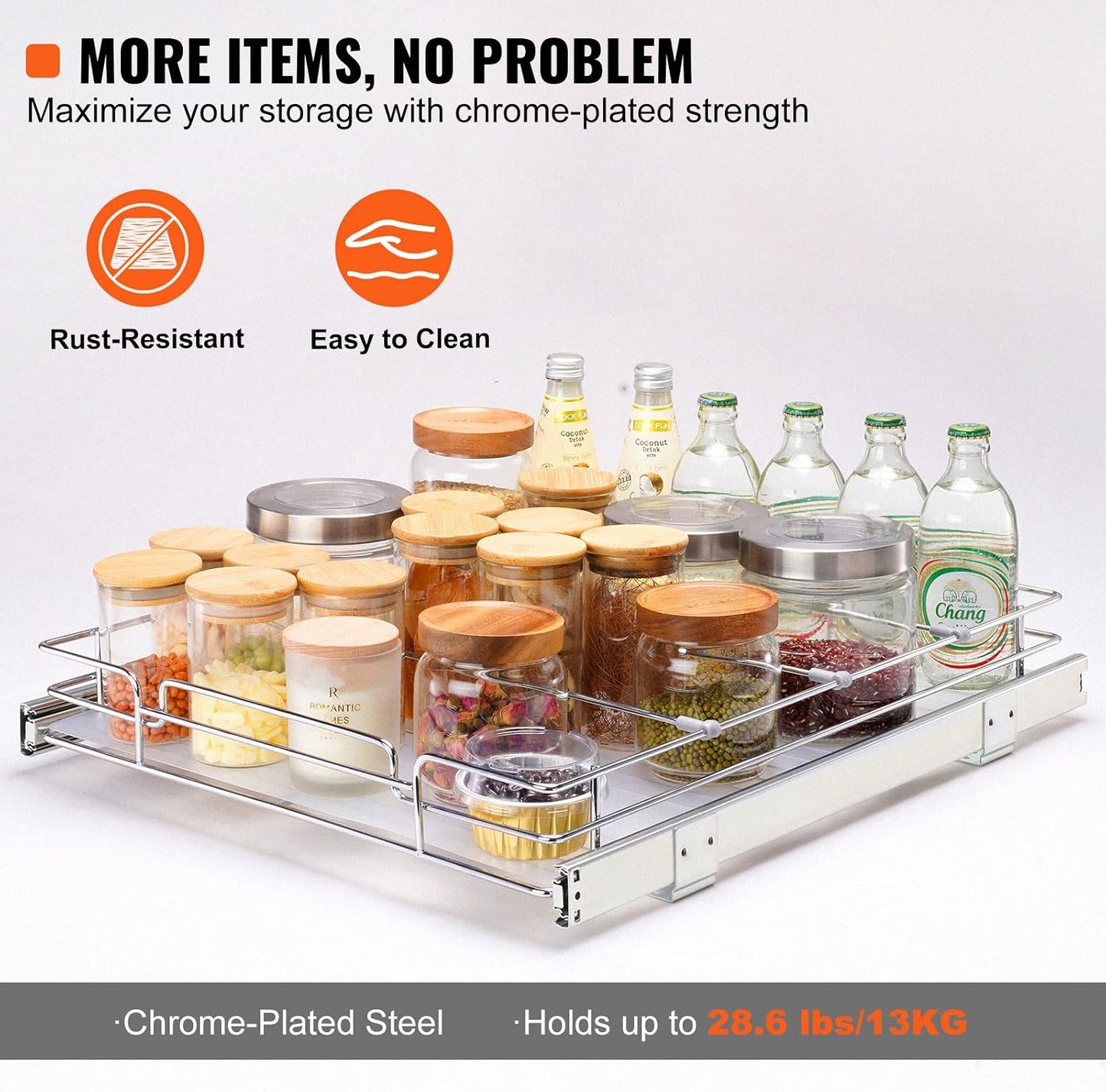 VEVOR 18.5"Wx21"Dx3.5"H Pull Out Cabinet Organizer, Heavy Duty Slide Out Pantry Shelves, Chrome-Plated Steel Roll Out Drawer, Drawer Storage for Home Under Sink, 20"Wx22"Dx7"H Install Size for Cabinet