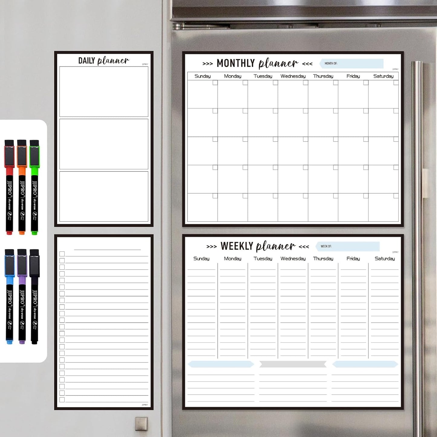 JJPRO Non-Magnetic Dry Erase Weekly Calendar for Fridge, Reusable Weekly Planner and to Do List Whiteboard Bundle -Starts Sunday,8.5"x12" Reusable Calendars Stick to Fridge,Wall, All Smooth Surfaces