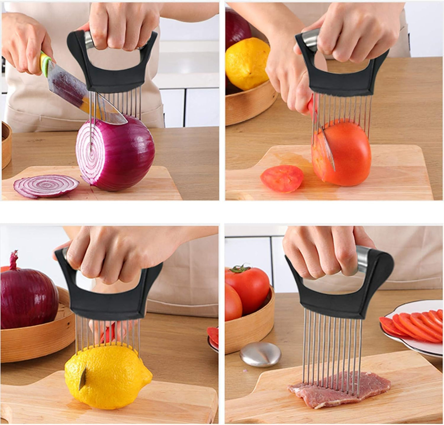 Onion Holder & Lemon Slicer Cutter Tool – Stainless Steel Vegetable & Fruit Slicing Assistant for Easy, Safe Cutting (Silver)