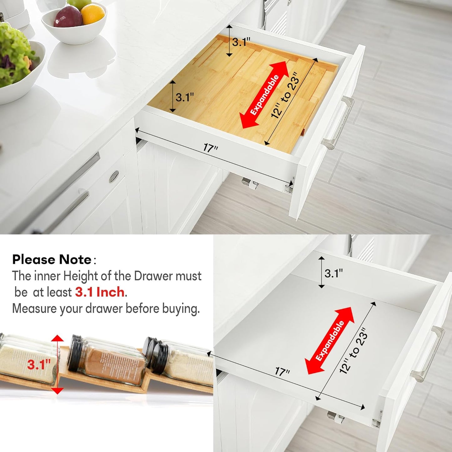 Bamboo Spice Drawer Organizer, 4-Tier Spice Rack for Cabinet | 12"-23" Expandable,No Assembly,Seasoning Storage Insert,(Need 3.1” Deep Drawer) Spice Organizer for Drawer,Jars Not Included