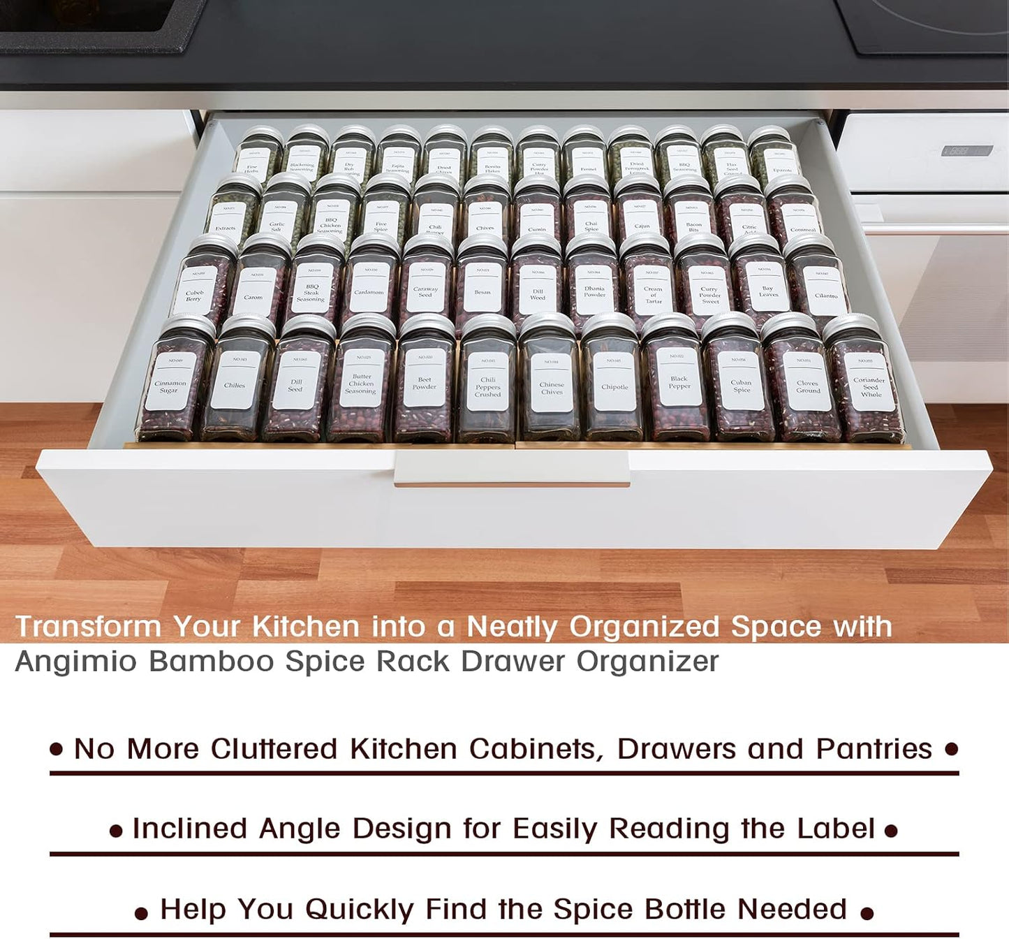 Bamboo Spice Rack Drawer Organizer - 8 Pieces Set- 7" Wide Per Piece - Combine Pieces Into 14" Wide Rack (7" or 14")