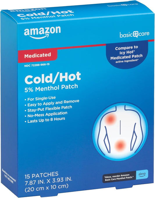 Amazon Basic Care Maximum Strength Pain Relieving Medicated Cold Hot 5% Menthol Patch for Muscle and Joint Pain Relief, 7.87" x 3.93", 15-Count Box (Previously HealthWise)