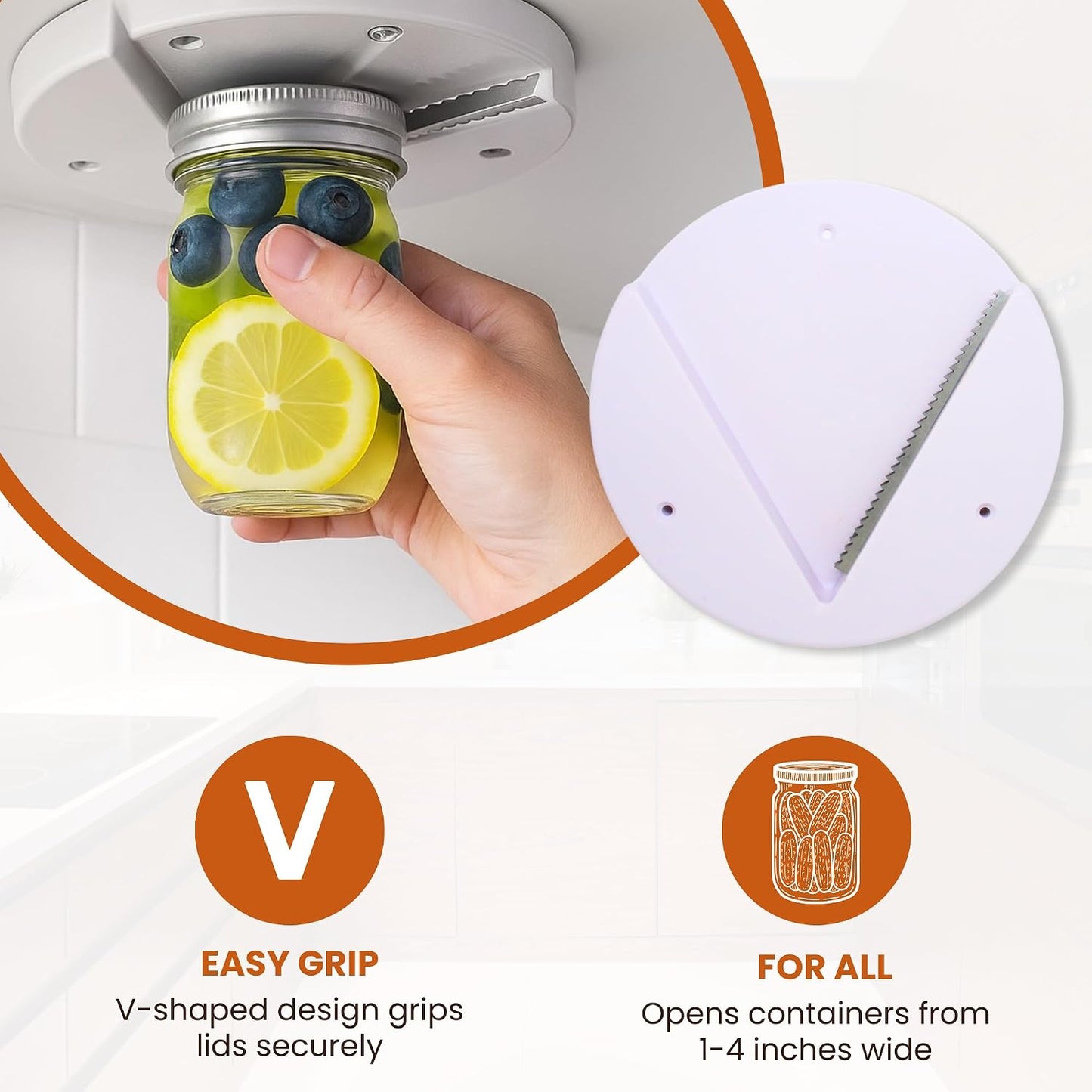 Under Cabinet Jar Opener - Jar Lid and Bottle Opener for Weak Hands - Kitchen Tool for Seniors - Effortless Opening Solution for Arthritis - Easy Installation - White, 7 Inch