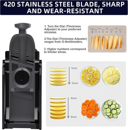 Jonscook All-in-1 Safe Mandoline Slicer for Kitchen, Vegetable Slicer with Container, Adjustable Veggie Mandoline, French Fry Cutter, Potato/Tomato/Onion Slicer, Grater/Cleaning Brush (Black Knight)
