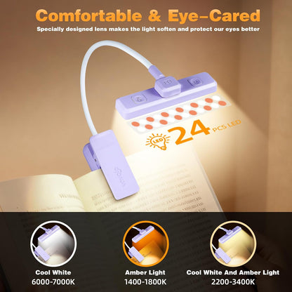 VAVOFO Rechargeable Book Light Rotatable：24 LEDs Reading Light, 3-Color & 9-Brightness Book Lamp, Eye Cared 120Hrs Runtime Lightweight Clip on Led Light for Book Lovers (Black)