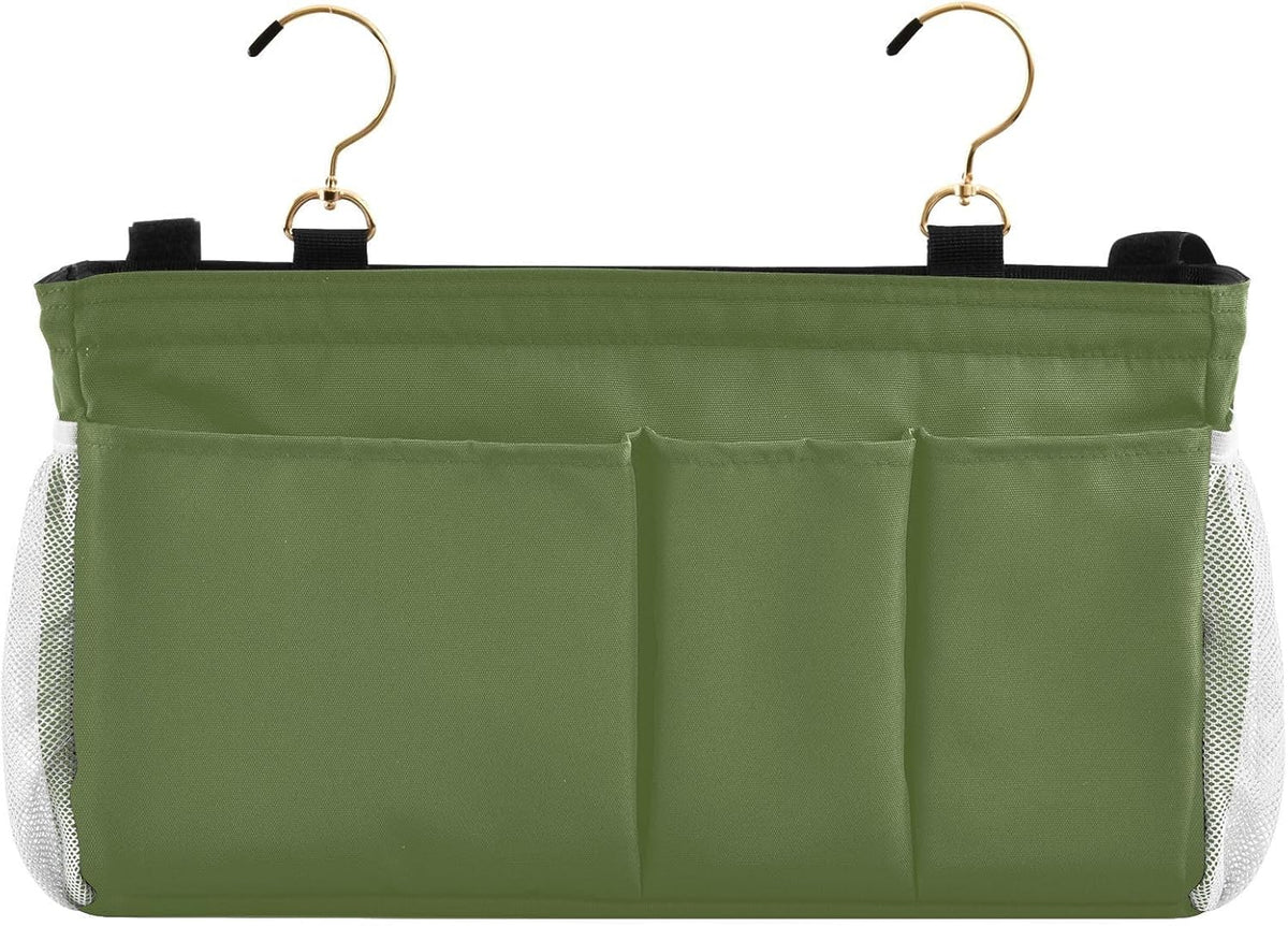 YETTASBIN Olive Green Bedside Caddy Hanging Storage Organizer Bag with 2 Straps & Hooks for Bunk Beds, College Dorm, Hospital Bed - Holder for Books, Phone, Magazine, Glasses, Keys