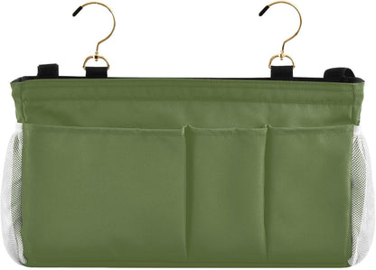YETTASBIN Olive Green Bedside Caddy Hanging Storage Organizer Bag with 2 Straps & Hooks for Bunk Beds, College Dorm, Hospital Bed - Holder for Books, Phone, Magazine, Glasses, Keys