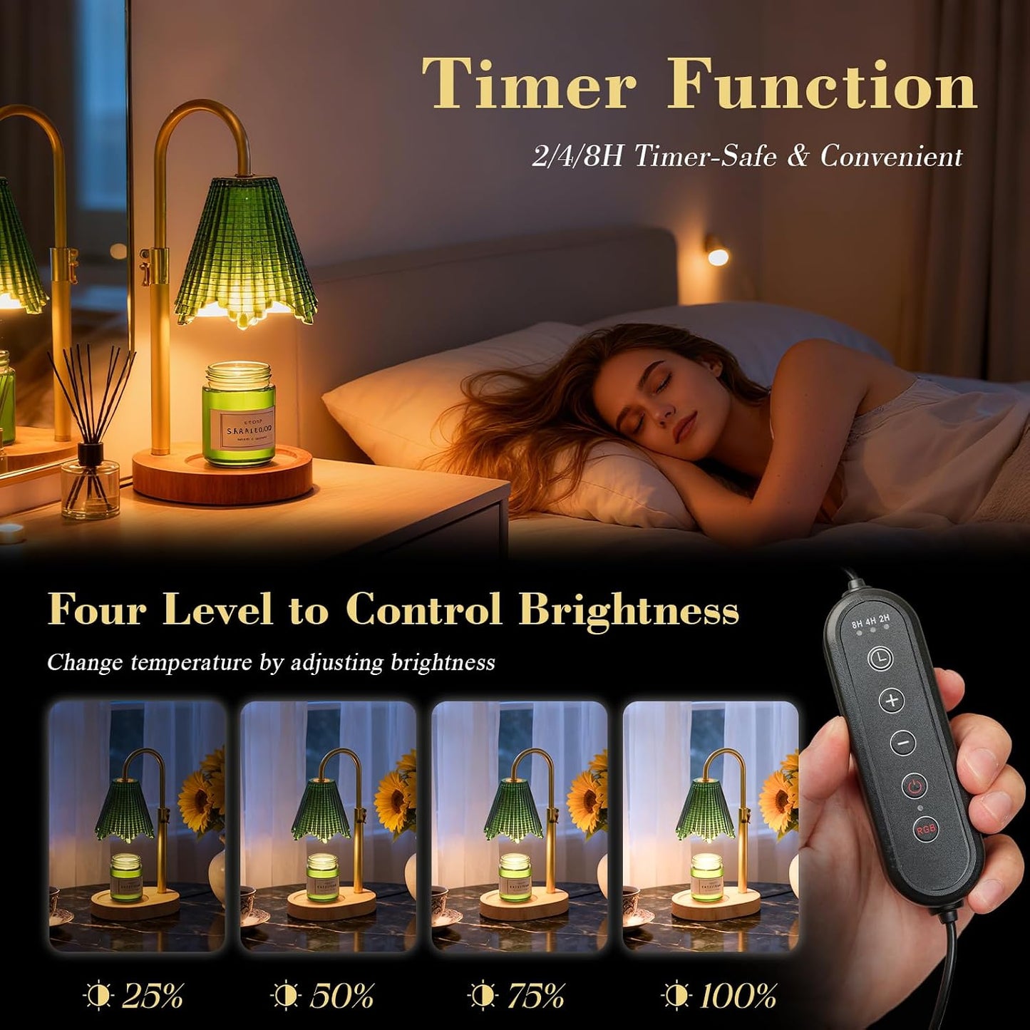 Flower Candle Warmer Lamp,Adjustable Timer & Dimmer(Black2) | Adjustable height fits jars. Timer & dimmer safe melt. 2 bulbs & heat-proof base. Perfect for bedroom, office, or gifting.
