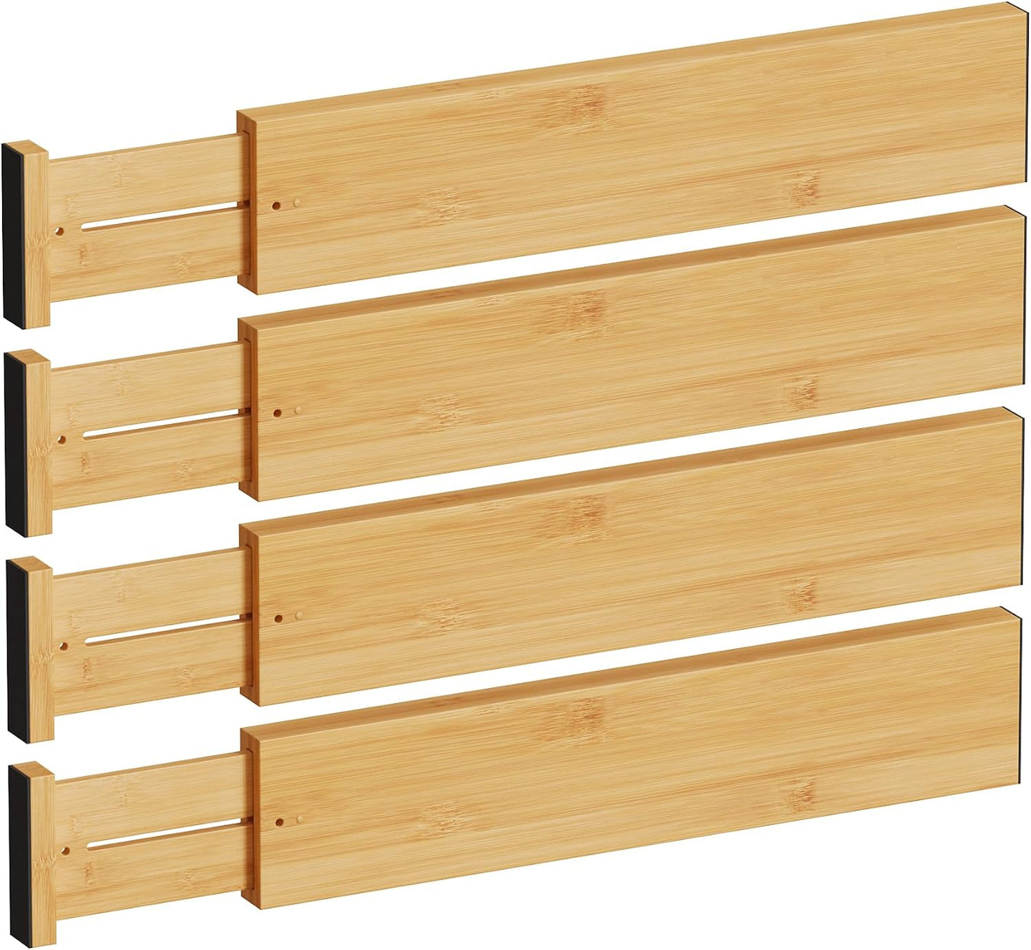 BAMEOS Bamboo Expandable Drawer Dividers – Fits 16.6"–22" Drawers, 2" High, Set of 4 | Spring-Loaded Bamboo Separator for Kitchen Island, Bathroom Vanity & Dresser Drawers