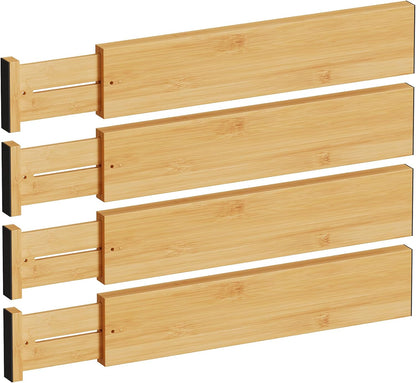BAMEOS Bamboo Expandable Drawer Dividers – Fits 16.6"–22" Drawers, 2" High, Set of 4 | Spring-Loaded Bamboo Separator for Kitchen Island, Bathroom Vanity & Dresser Drawers