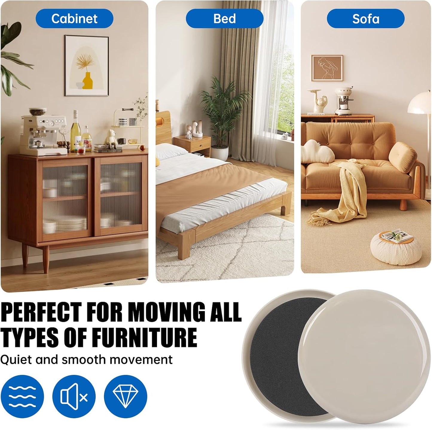 Furniture Sliders 8pcs 3 1/2 inch - Heavy Duty Reusable Round Sliders for Moving Furniture on Carpet, Easily Move Couches/Beds/Armoires/Chair/Table/Cabinet