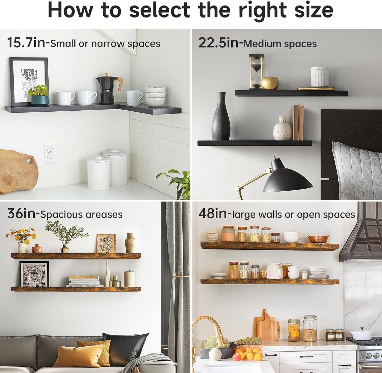 BAYKA Rustic Brown Floating Shelves 22.5in, Set of 2, Wall Mount Wood Shelf | Easy Install, 22lbs Max Load, Hidden Bracket, for Bathroom Bedroom Living Room or Kitchen, Hanging Shelf Book Decor Storage
