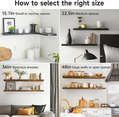 BAYKA Rustic Brown Floating Shelves 22.5in, Set of 2, Wall Mount Wood Shelf | Easy Install, 22lbs Max Load, Hidden Bracket, for Bathroom Bedroom Living Room or Kitchen, Hanging Shelf Book Decor Storage