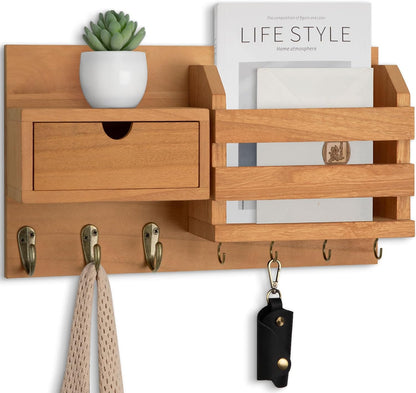 Lwenki Wall Mount Key Holder with Mail Organizer, 100% Paulownia Wood, 7 Metal Hooks, Storage Drawer, Entryway Home Decor (Brown)