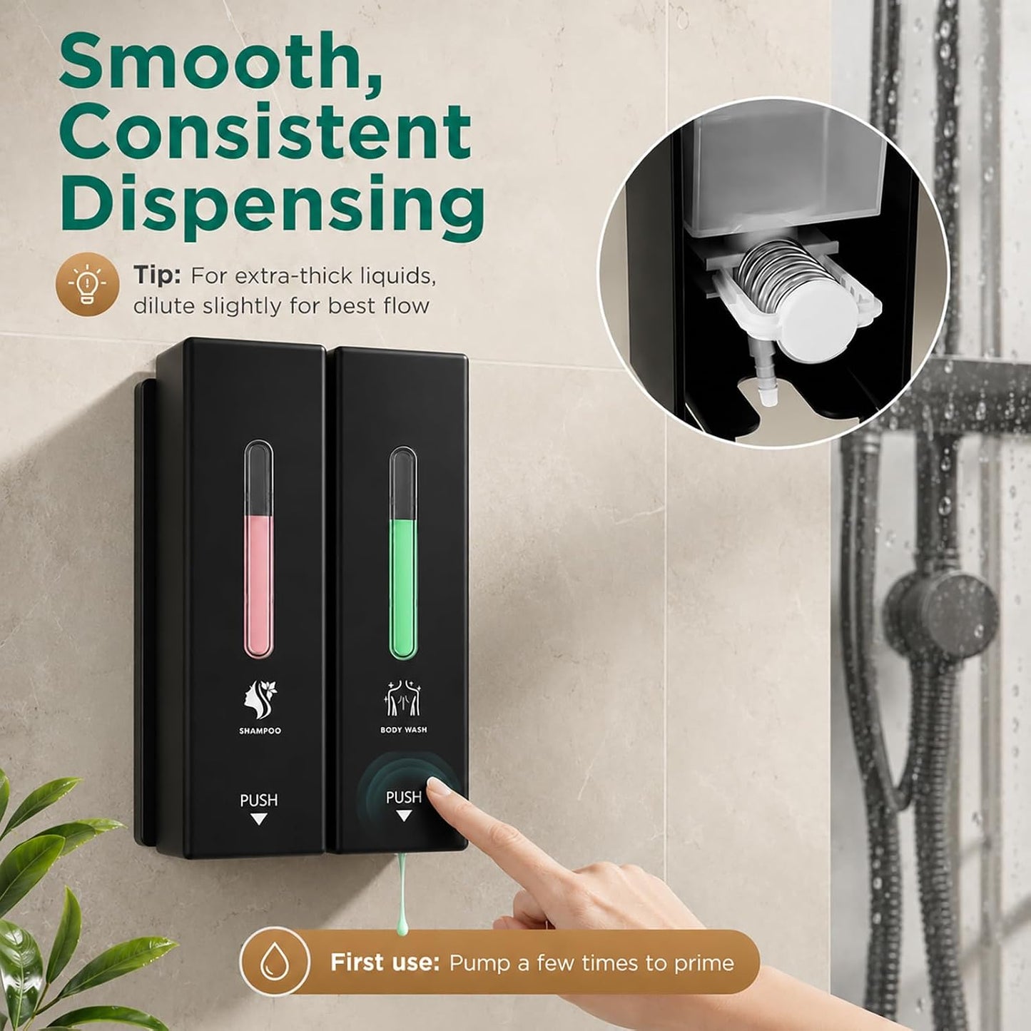 Shampoo and Conditioner Dispenser Wall Mounted, 3-Chamber Shower Soap Dispenser for Bathroom, 1200ML Large Capacity, No-Drill Installation, Clog-Free Pump for Thick Liquids (black-3-pack)