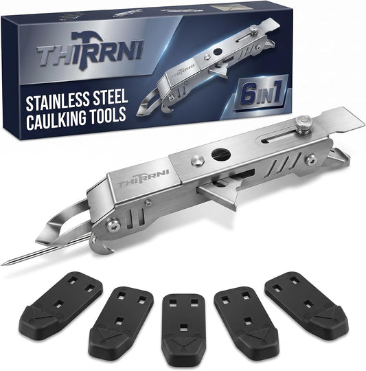 6-in-1 Caulking Tool Kit for Removing Old Caulk and Smoothing New Sealant, Stainless Steel Caulk Remover with 5 Silicone Pads for Bathroom, Kitchen, Window, Sink and Tile