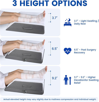 3-Height Adjustable Wide Leg Elevation Pillows for After Surgery or Sleeping, Memory Foam Support for Both Legs, Knee & Ankle Wedge for Swelling & Circulation, Removable Washable Velvet Cover