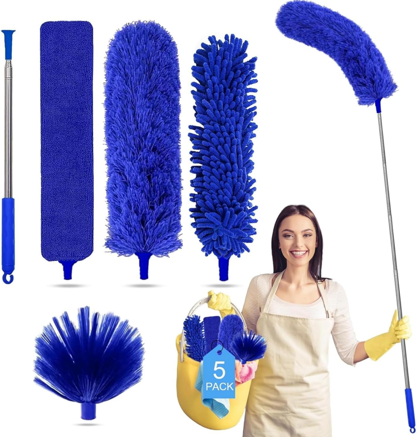 Tiumso Microfiber Feather Duster 5-in-1 Kit, Dusters for Cleaning, Duster with Extension Pole 100 Inches, Cobweb Duster, Microfiber Dusters for High Ceilings and Fans, Blinds, Cars and Furniture