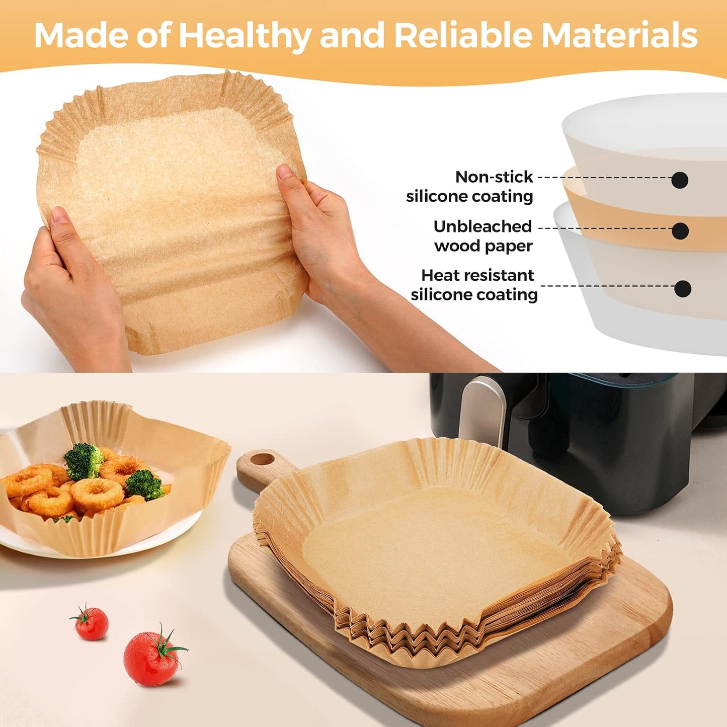 Air Fryer Liners Disposable, 100Pcs 8" Square Air Fryer Paper for 5-8 QT | Waterproof and Oilproof for Easy Cleanup, Unbleached Non-Stick Parchment Paper for 5-8 QT Air Fryer, Baking, Microwave, Oven