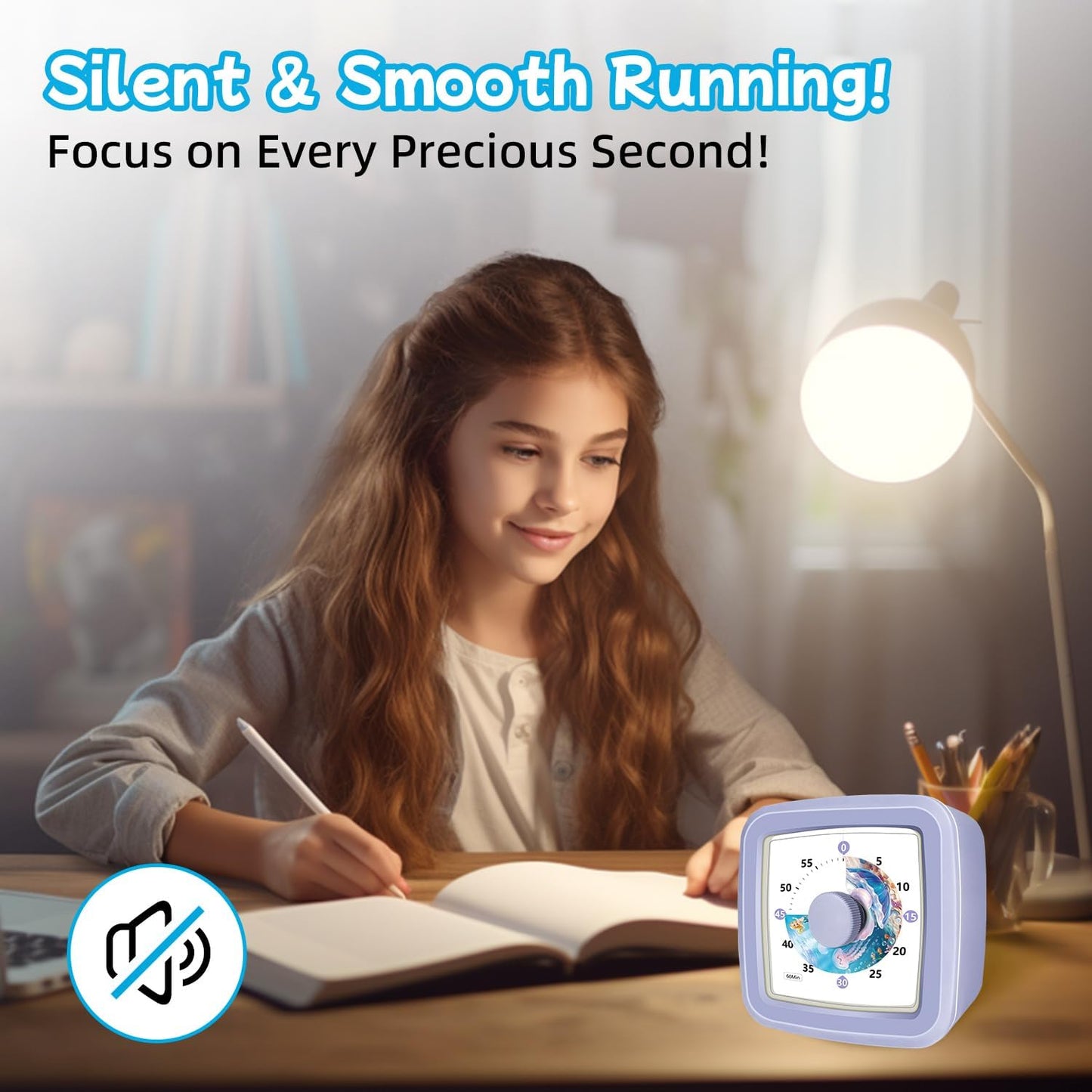 Kids Visual Timer 60 Minute – Countdown Clock for Homework, Kitchen Timer for Cooking, Silent Mini Timer with Cute Mermaid Shell Pattern, Gift Timers for Kids Focus & Daily Routines, Purple