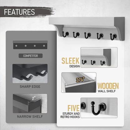 Rebee Vision Key Holder Wall Mount with 5 Hooks for Entryway, Retro Brown | Display Shelf for Plant & Letters, Key Shelf for Hats, Dog Leashes, Mail Organizer, Decorative Entryway & Living Room