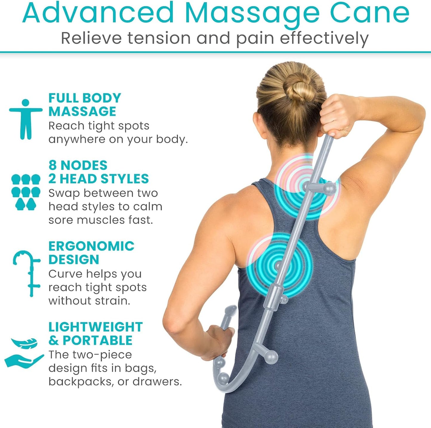 Vive Back and Neck Massager Cane - Trigger Point Massage Tools for Pain | Relief and Muscle - Handheld Self Massage Hook Therapy for Neck, Shoulder - Deep Tissue Myofascial Release Aid for Women