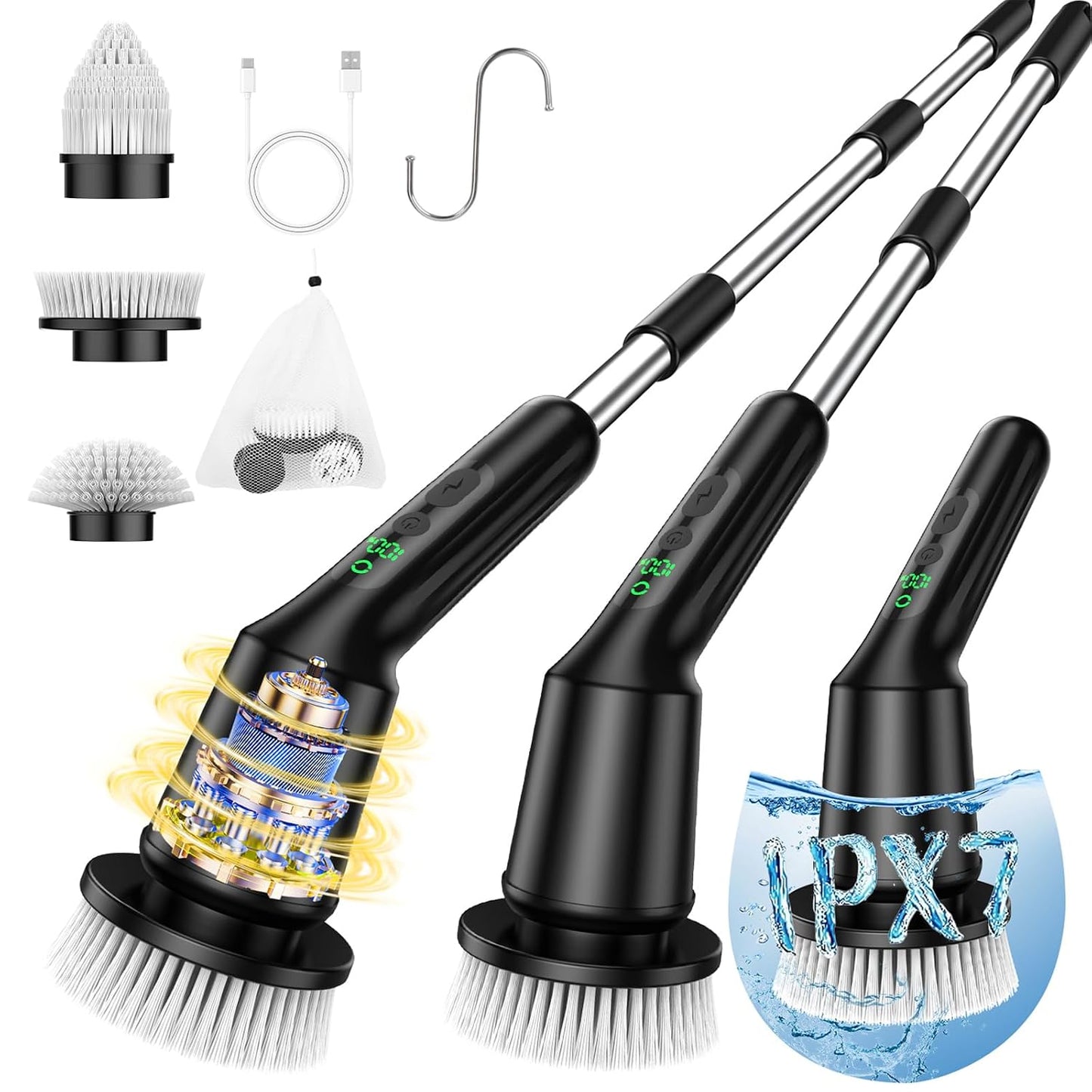 Electric Spin Scrubber for Bathroom, Shower Scrubber with Long Handle | Shower Cleaner Brushes, IPX7 Waterproof & 2 Speed, 3 Brush Heads, 90min Runtime, Bathroom Cleaning Supplies for Toilet Tub